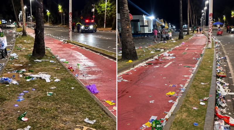 Farol da Barra fica tomado por lixo após ato político em Salvador